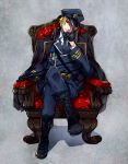  1boy blonde_hair boots chair crossed_legs fate/stay_night fate_(series) gilgamesh gloves hat military military_hat military_uniform nakagawa_waka red_eyes sitting solo uniform whip 