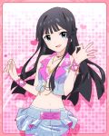  1girl :d artist_request black_hair blue_eyes bracelet bustier half_updo heart idolmaster idolmaster_million_live! jewelry long_hair looking_at_viewer midriff mogami_shizuka navel necklace official_art open_mouth skirt smile solo vest 