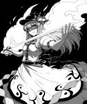 1girl flaming_sword food food_on_head fruit fruit_on_head hat highres hinanawi_tenshi long_hair long_skirt looking_at_viewer monochrome object_on_head peach shaded_face skirt slit_pupils small_breasts smile solo sunatoshi sword_of_hisou touhou wind