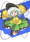 1girl :d \o/ absurdres arms_up green_eyes green_hair hat hat_removed hat_ribbon headwear_removed heart heart_of_string highres jumping komeiji_koishi kurotama_(avino) looking_at_viewer open_mouth outstretched_arms petticoat revision ribbon short_hair skirt sky sleeves_past_wrists smile solo sun_hat third_eye touhou 
