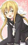  1girl blonde_hair engiyoshi heavy_breathing kantai_collection long_hair looking_at_viewer open_mouth pleated_skirt satsuki_(kantai_collection) school_uniform serafuku sitting skirt solo translation_request twintails yellow_eyes 