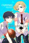  2boys ball basketball blonde_hair blue_eyes blue_hair clannad multiple_boys necktie okazaki_tomoya school_uniform short_hair soccer_ball sunohara_youhei takumi_(scya) 