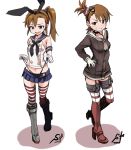  2girls amatsukaze_(kantai_collection) amatsukaze_(kantai_collection)_(cosplay) brown_eyes brown_hair cosplay elbow_gloves futami_ami futami_mami garter_straps gloves idolmaster kantai_collection multiple_girls panties panty_lift school_uniform serafuku shift_(0808) shimakaze_(kantai_collection) shimakaze_(kantai_collection)_(cosplay) short_hair side_ponytail striped striped_legwear thigh-highs underwear 