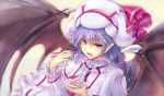  1girl ascot bat_wings blue_hair bust capelet chopsticks dress eating food food_on_face hat hat_ribbon kiyama_satoshi long_sleeves looking_at_viewer nattou open_mouth pointy_ears red_eyes remilia_scarlet ribbon smile solo touhou white_dress wings 