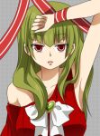  1girl armpits green_hair leviathan_(umineko) looking_at_viewer lowres portrait red_eyes ribbon ryuukishi07 solo stakes_of_purgatory umineko_no_naku_koro_ni 