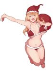  1girl atago_(kantai_collection) blonde_hair blush breasts closed_eyes fur-trimmed_bikini hat kantai_collection long_hair navel open_mouth santa_hat smile solo u_rei_3 