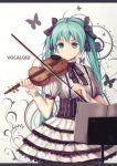 1girl bow copyright_name green_eyes green_hair hair_bow hair_ribbon hatsune_miku holding instrument long_hair looking_at_viewer playing_instrument ribbon smile solo soulkiller twintails violin vocaloid 
