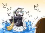  2girls brown_hair engiyoshi glowing glowing_eyes kantai_collection long_hair multiple_girls parody re-class_battleship rerere_no_ojisan shigure_(kantai_collection) shinkaisei-kan short_hair silver_hair sweatdrop tail tensai_bakabon translation_request violet_eyes 