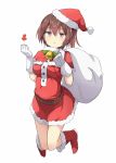  1girl :&gt; alternate_costume bell bell_collar belt brown_hair capelet christmas clenched_hand collar directional_arrow dress fur_trim gloves hat highres kaga_(kantai_collection) kantai_collection looking_at_viewer over_shoulder red_boots red_dress sack santa_boots santa_costume santa_hat side_ponytail simple_background solo ukami white_background white_gloves 
