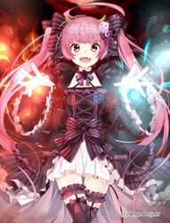  1girl :d ahoge ange_vierge bow brown_eyes dress frilled_dress frills gothic_lolita hair_bow hair_ornament hair_ribbon highres horns lolita_fashion long_hair looking_at_viewer official_art open_mouth pink_hair ribbon sakuragi_ren smile solo twintails 