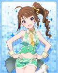  1girl :d ahoge artist_request blue_background bracelet brown_hair cuff_links hands_on_hips head_tilt idolmaster idolmaster_million_live! jewelry looking_at_viewer necktie official_art open_mouth side_ponytail skirt smile solo violet_eyes yokoyama_nao 