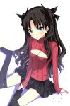  1girl azutan black_hair blue_eyes cleavage_cutout fate/stay_night fate_(series) hair_ribbon highres no_shoes open-chest_sweater ribbon solo thighhighs toosaka_rin two_side_up 