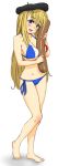  1girl barefoot beret between_breasts bikini blonde_hair blue_eyes blush breasts character_request cleavage flag_print french_flag french_flag_bikini hat highres kiriririn large_breasts long_hair phallic_symbol sausage side-tie_bikini solo swimsuit under_boob 