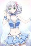  1girl amagi_brilliant_park breasts green_eyes highres kem_kem looking_at_viewer midriff muse_(amaburi) navel short_hair silver_hair smile solo 