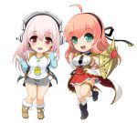  2girls aqua_eyes blush breasts character_name chibi headphones large_breasts long_hair looking_at_viewer multiple_girls nitroplus official_art open_mouth pink_hair pom_pom_(clothes) red_eyes shield smile solo super_sonico 