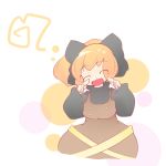  1girl blonde_hair bow closed_eyes dress hair_bow hiyori_(higanahannnti) kurodani_yamame open_mouth pointing pointing_at_self ribbon short_hair smile solo touhou 