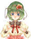  1girl antennae blush bust dress flower flower_hair_ornament food frilled_collar fruit green_eyes green_hair hair_flower hair_ornament hairband long_sleeves puffy_long_sleeves puffy_sleeves ribbon shirt short_hair simple_background solo strawberry touhou white_background wriggle_nightbug yokosuka220 