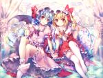  2girls arm_ribbon ascot bat_wings bed blonde_hair blue_hair brooch canopy_bed dress fang flandre_scarlet hat hat_ornament hat_ribbon holding_hands jewelry mob_cap multiple_girls on_bed open_mouth pink_dress puffy_short_sleeves puffy_sleeves rabbit red_dress red_eyes remilia_scarlet ribbon riichu sash short_sleeves siblings sisters sitting smile socks thigh-highs touhou white_legwear wings wrist_cuffs zettai_ryouiki 