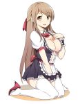  1girl between_legs bow breasts brown_eyes brown_hair center_opening cleavage hand_between_legs high_heels long_hair looking_at_viewer maid original sandarumi sitting solo thigh-highs very_long_hair wariza white_legwear wrist_cuffs 