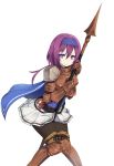  1girl armor belt boots cape dungeons_&amp;_princess hairband pantyhose polearm pouch purple_hair skirt solo spear thigh-highs thigh_boots torimaru violet_eyes weapon 