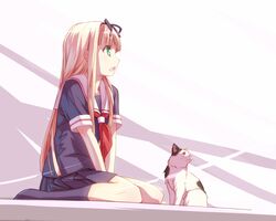  1girl blonde_hair cat from_side green_eyes haiiro hair_ribbon kantai_collection long_hair open_mouth ribbon school_uniform short_sleeves sitting skirt solo wariza yuudachi_(kantai_collection) 