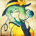  1girl blue_eyes bust fingers_together green_hair hat hat_ribbon komeiji_koishi long_sleeves looking_at_viewer one_eye_closed ribbon smile solo third_eye touhou white_pupil xkaishaku 