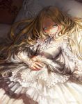  1girl artist_name bed bed_sheet blonde_hair blue_eyes dress jane_mere lace long_hair looking_at_viewer lying neck_ribbon on_back on_bed original pillow ribbon signature solo 