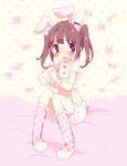  1girl animal_ears baby_bottle bangs bib blush bottle brown_eyes brown_hair bunny_print bunny_tail child embarrassed food food_on_face frilled_legwear frilled_shirt frilled_shorts frilled_sleeves frills hair_ribbon heart heart-shaped_pupils knees_up maako_(pixiv54348) mary_janes original payot pink_legwear plaid plaid_legwear plaid_ribbon polka_dot polka_dot_background rabbit_ears ribbon shoes sketch socks solo suspenders symbol-shaped_pupils tail tears twintails wrist_cuffs 