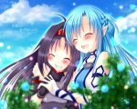  2girls asuna_(sao-alo) bare_shoulders black_hair blue_hair gloves highres long_hair meiya_neon multiple_girls pointy_ears sword_art_online yuuki_(sao) 