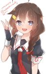  1girl :d blue_eyes braid brown_hair commentary dated fingerless_gloves gloves hair_flaps hair_ornament hair_ribbon hairclip kantai_collection necktie open_mouth ribbon school_uniform serafuku shigure_(kantai_collection) single_braid smile solo takeshima_(nia) twitter_username 