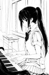  1girl 3: amage_kanade instrument long_hair monochrome original piano playing_instrument pleated_skirt ponytail school_uniform skirt solo traditional_media 