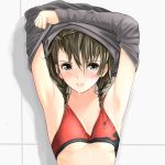  1girl arms_up blush braid brown_hair bust dripping giba_(out-low) green_eyes looking_at_viewer open_mouth original shadow short_hair sports_bra sweat twin_braids undressing 