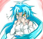  1girl angry bare_shoulders blue_hair duel_monster effect_veiler hands_on_own_face long_hair multicolored_eyes red_eyes solo spirit-edge yellow_eyes yuu-gi-ou yuu-gi-ou_5d&#039;s 