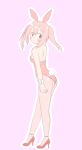  1girl a-ktoo bare_shoulders blush bunny_tail bunnysuit high_heels looking_back original pantyhose pink_hair pumps simple_background solo tail 
