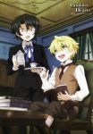  2boys absurdres black_hair blonde_hair book bowtie child couch cup formal gilbert_nightray green_eyes highres multiple_boys necktie official_art open_mouth oz_vessalius pandora_hearts reading short_hair smile square_enix suit teacup teapot vest window younger 