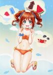  +_+ 1girl :d absurdres bikini blue_eyes brown_hair clam crab fish food fruit highres idolmaster k.y_ko open_mouth orange_bikini popsicle sandals shaved_ice small_breasts smile squid swimsuit takatsuki_yayoi twintails watermelon 