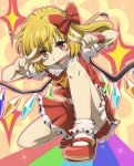  1girl blonde_hair bow fang flandre_scarlet hair_bow kneeling looking_at_viewer nitoni no_hat open_mouth red_eyes red_skirt side_ponytail skirt solo touhou wings 