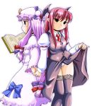  2girls armband back-to-back bangs bat_wings black_legwear blunt_bangs blush book bow breasts buttons capelet crescent dress dress_shirt e-kingdom expressionless hair_ribbon hat hat_bow head_wings holding holding_book holding_hands juliet_sleeves koakuma lace lace-trimmed_thighhighs long_hair long_sleeves looking_at_viewer low-tied_long_hair mob_cap multiple_girls necktie open_book panties pantyshot patchouli_knowledge payot pointy_ears puffy_sleeves purple_dress purple_hair reading red_eyes redhead ribbon shirt simple_background skirt skirt_lift skirt_set thigh-highs touhou tress_ribbon underwear very_long_hair violet_eyes white_background white_panties white_shirt wings zettai_ryouiki 