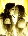  2girls asami_sato avatar:_the_last_airbender backlighting bare_shoulders close-up closed_eyes dark_skin drakyx holding_hands kiss korra legend_of_korra long_hair multiple_girls nose ponytail sepia short_hair spoilers yuri 