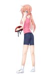  ass bike_shorts blue_eyes blush character_request from_behind helmet highres long_hair looking_back pink_hair ponytail shoes shorts smile sneakers socks vest 