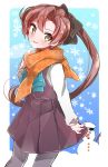  1girl :d akigumo_(kantai_collection) brown_hair highres kantai_collection light_brown_eyes open_mouth pantyhose pleated_skirt ponytail scarf school_uniform serafuku skirt smile snow snowing snowman solo takeshima_(nia) winter 