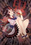  1girl bangle black_hair bow bracelet directional_arrow dress highres horns jewelry kijin_seija multicolored_hair red_eyes redhead rs_akatuki short_hair smile solo streaked_hair tongue tongue_out touhou white_hair 