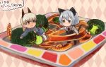  2girls :d :o animal_ears argyle argyle_background black_legwear blonde_hair blue_eyes blush broccoli cat_ears cat_tail chibi eila_ilmatar_juutilainen food fox_ears fox_tail green_eyes ika_(hinatu1992) long_hair long_sleeves looking_at_another military military_uniform minigirl multiple_girls necktie open_mouth pantyhose plate sanya_v_litvyak short_hair silver_hair smile strike_witches tail translation_request uniform 