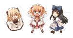  3girls apron arms_up ascot black_hair blonde_hair blue_eyes chestnut_mouth dress drill_hair fairy_wings fang hirasaka_makoto long_hair luna_child maid_headdress multiple_girls obi open_mouth puffy_short_sleeves puffy_sleeves red_dress red_eyes sash short_sleeves smile star_sapphire sunny_milk touhou twintails waist_apron white_dress wings yellow_eyes 