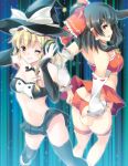  2girls adapted_costume ass bare_shoulders black_hair black_legwear blonde_hair blush bow braid brown_eyes detached_sleeves grin hair_bow hair_tubes hakurei_reimu hat headphones kirisame_marisa maki_(seventh_heaven_maxion) midriff multiple_girls navel one_eye_closed payot single_braid skirt smile thigh-highs thigh_strap touhou tubetop witch_hat yellow_eyes 