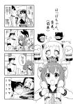  &gt;:d 1boy 4girls 4koma :d admiral_(kantai_collection) ahoge arrow bow_(weapon) comic flight_deck hairband hakama headgear highres holding horns japanese_clothes kaga_(kantai_collection) kantai_collection long_hair mittens monochrome multiple_girls muneate northern_ocean_hime open_mouth person_over_shoulder salute seraphwia shimakaze_(kantai_collection) shinkaisei-kan short_hair side_ponytail smile translation_request weapon yukikaze_(kantai_collection) 