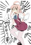  &gt;:d 1girl :d ahoge brown_eyes glasses kamizono_(spookyhouse) kantai_collection long_hair looking_at_viewer makigumo_(kantai_collection) open_mouth pink_hair pleated_skirt school_uniform skirt sleeves_past_wrists smile solo translation_request twintails 