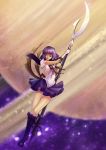  1girl bishoujo_senshi_sailor_moon boots bow brooch cross-laced_footwear elbow_gloves expressionless gloves highres imirpz jewelry knee_boots lace-up_boots magical_girl object_namesake planet polearm purple_hair ribbon sailor_saturn saturn short_hair silence_glaive solo spear tiara tomoe_hotaru violet_eyes weapon white_gloves 