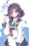  1girl ahoge apron commentary dated hair_flaps hair_tubes highres kantai_collection magatama necktie pleated_skirt purple_hair red_eyes skirt smile taigei_(kantai_collection) takeshima_(nia) twitter_username 