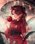  1girl blue_eyes brown_hair candy_apple fate/stay_night fate_(series) hair_ribbon highres japanese_clothes kimono maoshenzou ribbon solo toosaka_rin two_side_up 